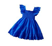 JiAmy Girls Dress Flutter Sleeve Kids Summer Casual Square Neck Dresses A-Line Girdle Tiered Swing Children Festive Dress Blue