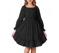 JiAmy Girls Dress Long Sleeve Kids Dresses Prom Elastic Waist Elegant A Line Round Neck Skirt for Girl 7-8 Years,Black