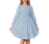 JiAmy Girls Dress Long Sleeve Kids Dresses Prom Elastic Waist Elegant A Line Round Neck Skirt for Girl 12-13 Years,Blue