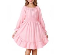 JiAmy Girls Dress Long Sleeve Kids Dresses Prom Elastic Waist Elegant A Line Round Neck Skirt for Girl 11-12 Years,Pink