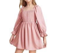 JiAmy Girls Dress Long Sleeve Square Neck Dresses Spring Summer Kids Casual Elegant Wedding Party A-Line Skirt Clothes for Girl 13-14 Years Pink