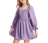 JiAmy Girls Dress Long Sleeve Square Neck Dresses Spring Summer Kids Casual Elegant Wedding Party A-Line Skirt Clothes for Girl 4-5 Years Purple