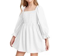 JiAmy Girls Dress Long Sleeve Square Neck Dresses Spring Summer Kids Casual Elegant Wedding Party A-Line Skirt Clothes for Girl 4-5 Years White