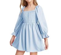 JiAmy Girls Dress Long Sleeve Square Neck Dresses Spring Summer Kids Casual Elegant Wedding Party A-Line Skirt Clothes for Girl 7-8 Years Blue