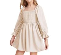 JiAmy Girls Dress Long Sleeve Square Neck Dresses Spring Summer Kids Casual Elegant Wedding Party A-Line Skirt Clothes for Girl 5-6 Years Beige