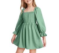 JiAmy Girls Dress Long Sleeve Square Neck Dresses Spring Summer Kids Casual Elegant Wedding Party A-Line Skirt Clothes for Girl 7-8 Years Green