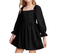 JiAmy Girls Dress Long Sleeve Square Neck Dresses Spring Summer Kids Casual Elegant Wedding Party A-Line Skirt Clothes for Girl 5-6 Years Black