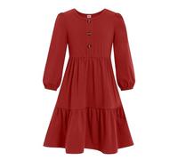 JiAmy Girls Dress Puff Long Sleeve Cotton Round Neck Kids Casual T-Shirt Dresses with Pockets Tiered High Waist Swing A-line Fall Tween Dress for 4-5 Years, Red