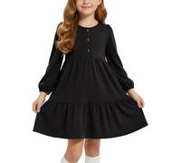 JiAmy Girls Dress Puff Long Sleeve Cotton Round Neck Kids Casual T-Shirt Dresses with Pockets Tiered High Waist Swing A-line Fall Tween Dress for 5-6 Years, Black