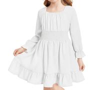 JiAmy Girls Dress Square Neck Long Sleeve A-Line Swing Dresses Kids Autumn Casual Elegant Birthday Party Princess Clothes for Girl 13 Years White