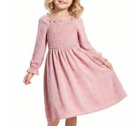 JiAmy Girls Dress Square Neck Swiss Dot Long Sleeve Fall A-Line Dresses Kids Casual Elegant Party Princess Clothes for Girl 11-12 Years Pink