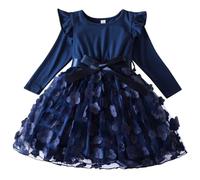 JiAmy Girls Dress Toddler Ruffle Long Sleeve Floral Print Tulle Dresses Patchwork Bowknot Wedding Birthday Party Fall Casual Clothes for Girl 4-5 Years Blue