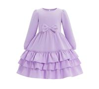 JiAmy Girls Dresses Long Sleeve Bow Tie Tiered Layered A-Line Party Autumn Winter Casual Dress for Kids 140,Purple