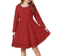 JiAmy Girls Dresses Long Sleeve Casual Plain A-Line Cotton Skater Party Dress with Pocket for Kids 150,Red