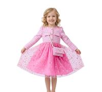 JiAmy Girls Dresses Long Sleeve, Elegant Grid Kids Party Tulle Princess Birthday Dress Round Neck Buttons Down Child Fall Clothing for 6 Years Pink