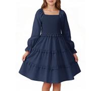 JiAmy Girls Dresses Long Sleeve, Tiered Elegant Kids Party Dress, Elastic Square Neck Fall Tween Girl Clothing with Side Pockets for 11-12 Years, Navy Blue