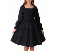 JiAmy Girls Dresses Long Sleeve, Tiered Elegant Kids Party Dress, Elastic Square Neck Fall Tween Girl Clothing with Side Pockets for 4-5 Years, Black