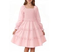 JiAmy Girls Dresses Long Sleeve, Tiered Elegant Kids Party Dress, Elastic Square Neck Fall Tween Girl Clothing with Side Pockets for 4-5 Years, Pink