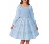 JiAmy Girls Dresses Long Sleeve, Tiered Elegant Kids Party Dress, Elastic Square Neck Fall Tween Girl Clothing with Side Pockets for 4-5 Years, Light Blue