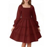 JiAmy Girls Dresses Long Sleeve, Tiered Elegant Kids Party Dress, Elastic Square Neck Fall Tween Girl Clothing with Side Pockets for 7-8 Years, Red