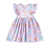 JiAmy Girls Dresses Round Neck Cartoon Print Dress Flutter Sleeve Casual A Line Pullover Children's Dress for 6-7 Years, Purple