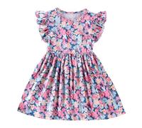 JiAmy Girls Dresses Round Neck Cartoon Print Dress Flutter Sleeve Casual A Line Pullover Children's Dress for 6-7 Years, Pink