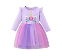 JiAmy Girls Dresses Ruffle Long Sleeve Unicorn Mermaid Print Cotton Top Tulle Tutu Dress Kids Fall Christmas Clothes for Girl 6-7 Years Purple