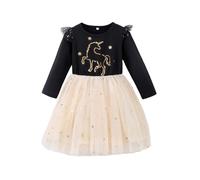 JiAmy Girls Dresses Ruffle Long Sleeve Unicorn Mermaid Print Cotton Top Tulle Tutu Dress Kids Fall Christmas Clothes for Girl 5-6 Years Black Unicorn
