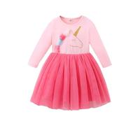 JiAmy Girls Dresses Ruffle Long Sleeve Unicorn Mermaid Print Cotton Top Tulle Tutu Dress Kids Fall Christmas Clothes for Girl 7-8 Years Pink