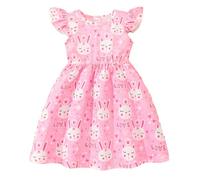 JiAmy Girls Dresses Ruffle Short Sleeve Unicorn Cartoon Prints A-Line Dress Toddler Spring Summer Casual Skirt for Girl 4-5 Years Pink Rabbit