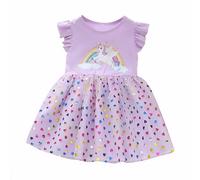 JiAmy Girls Dresses Ruffle Short Sleeve Unicorn Print Cotton Top Tulle Tutu Dress Kids Birthday Party Skirt Clothes for Girl 5-6 Years Purple Heart