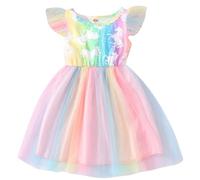 JiAmy Girls Dresses Ruffle Short Sleeve Unicorn Prints Rainbow Tulle Dress Kids Spring Summer Wedding Party Princess Clothes for 2-3 Years Pink