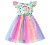 JiAmy Girls Dresses Ruffle Short Sleeve Unicorn Prints Rainbow Tulle Dress Kids Spring Summer Wedding Party Princess Clothes for 5-6 Years Green