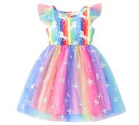 JiAmy Girls Dresses Ruffle Short Sleeve Unicorn Prints Rainbow Tulle Dress Kids Spring Summer Wedding Party Princess Clothes for 5-6 Years Blue