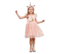 JiAmy Girls Dresses Ruffle Sleeve Unicorn Print Rainbow Sequins Tulle Tutu Dress Kids Summer Wedding Birthday Party Princess Clothes for Girl 3-4 Years Pink