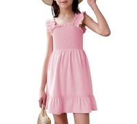 JiAmy Girls Dresses Summer Straps Dresses Smocked Elastic Waist Tiered Ruffle Dress A-line Girls Maxi Dresses Kids Casual for 9-10 Years,Pink