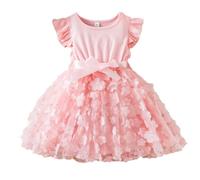 JiAmy Girls Dresses Toddler Ruffle Short Sleeve Floral Print Tulle Dress Patchwork Bowknot Spring Summer Party Clothes for Girl 1-2 Years Pink