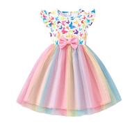 JiAmy Girls Dresses Toddler Ruffle Short Sleeve Floral Print Tulle Dress Patchwork Bowknot Spring Summer Party Clothes for Girl 2-3 Years Multicoloured