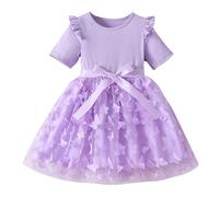 JiAmy Girls Dresses Toddler Ruffle Short Sleeve Floral Print Tulle Dress Patchwork Bowknot Spring Summer Party Clothes for Girl 1-2 Years Purple