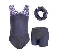 JiAmy Girls Gymnastics Leotards, Gymnastics Outfit with Shorts Open Back Bow Ballet Leotards Dancing Unitards for Kids 5-6 Years