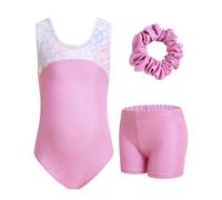 JiAmy Girls Gymnastics Leotards, Gymnastics Outfit with Shorts Open Back Bow Ballet Leotards Dancing Unitards for Kids 8-9 Years