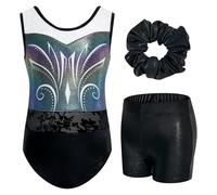 JiAmy Girls Gymnastics Leotards Three Piece Set with Shorts Scrunchie Sleeveless Sparkle Kids Gymnastics Outfits for Age 5-6, Black