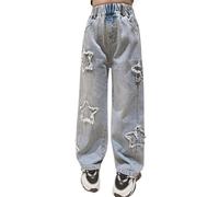 JiAmy Girls Jeans Kids Ripped Baggy Jeans Wide Leg Split Trousers with Pockets Casual Loose Straight Denim Pants for Girl 11-12 Years Blue Star