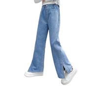 JiAmy Girls Jeans Kids Ripped Baggy Jeans Wide Leg Split Trousers with Pockets Casual Loose Straight Denim Pants for Girl 11-12 Years Blue Split
