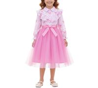 JiAmy Girls Long Sleeve Dresses Lapel Collar Button Front Floral Print Ruffle Kids Tulle Party Dress with Satin Belt Elegant Little Dress for Christmas Holiday 7 Years, Pink