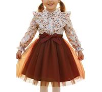 JiAmy Girls Long Sleeve Dresses Lapel Collar Button Front Floral Print Ruffle Kids Tulle Party Dress with Satin Belt Elegant Little Dress for Christmas Holiday 6 Years, Brown