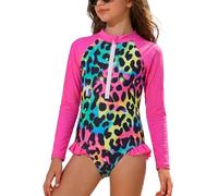 JiAmy Girls Long Sleeve Rash Guard Swimsuit One Piece, Kids UV Sun Protection Front Zip Swimming Costume for Beach Pool 3-4 Years, Rose Red Leopards