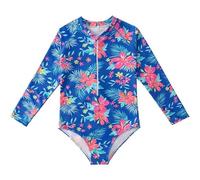JiAmy Girls Long Sleeve Swimming Costume Sun Protection One Piece Girls Swimsuit Round Neck Zipper Kids Bathing Rashguard for 8-9 Years, Navy Blue- Floral