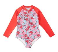 JiAmy Girls Long Sleeve Swimming Costume Sun Protection One Piece Girls Swimsuit Round Neck Zipper Kids Bathing Rashguard t for 9-10 Years, Red-Bird