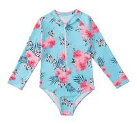 JiAmy Girls Long Sleeve Swimming Costume Sun Protection One Piece Girls Swimsuit Round Neck Zipper Kids Bathing Rashguard for 6-7 Years, Light Blue-Floral